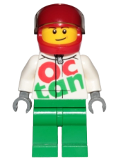 LEGO Race Car Driver, White Octan Race Suit with Silver Zipper, Red Helmet with Trans-Black Visor, Lopsided Smile minifigure