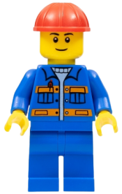 LEGO Blue Jacket with Pockets and Orange Stripes, Blue Legs, Red Construction Helmet, Thin Grin minifigure