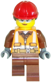 LEGO Construction Worker - Female, Orange Safety Vest, Reflective Stripes, Reddish Brown Shirt and Legs, Red Construction Helmet with Dark Brown Hair, Safety Glasses minifigure