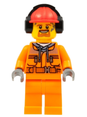 LEGO Construction Worker - Male, Orange Safety Jacket, Reflective Stripe, Sand Blue Hoodie, Orange Legs, Red Construction Helmet with Black Headphones, Goatee minifigure