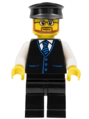 LEGO Bus Driver - Male, Black Vest with Blue Striped Tie, Black Legs, Black Hat, Glasses and Beard minifigure