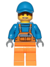 LEGO Overalls with Safety Stripe Orange, Orange Legs, Blue Short Bill Cap, Dark Tan Angular Beard minifigure