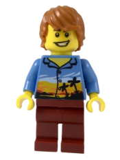 LEGO Plane Passenger, Dark Orange Hair, Hawaiian Shirt, Dark Red Legs minifigure