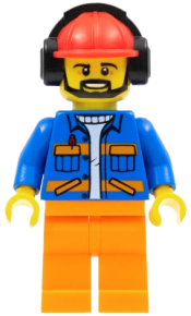 LEGO Airport Flagman, Red Helmet with Earmuffs, Blue Jacket with Orange Stripes and Legs minifigure