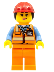 LEGO Airport Luggage Handler, Female, Red Helmet with Ponytail, Orange Reflective Uniform minifigure