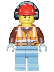 LEGO Construction Worker - Male, Orange Safety Vest, Reflective Stripes, Reddish Brown Shirt, Sand Blue Legs, Red Construction Helmet with Black Headphones, Stubble minifigure