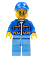 LEGO Garbage Worker - Male, Blue Jacket with Diagonal Lower Pockets and Orange Stripes, Medium Blue Legs, Blue Cap with Hole, Goatee and Splotches minifigure