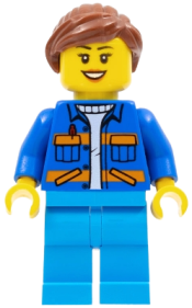 LEGO Garbage Worker - Female, Blue Jacket with Diagonal Lower Pockets and Orange Stripes, Dark Azure Legs, Reddish Brown Ponytail minifigure