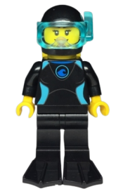 LEGO Diver, Female, Black Flippers and Wetsuit with Blue Logo, Yellow Scuba Tank minifigure