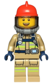 LEGO Fire - Reflective Stripes, Dark Tan Suit, Red Fire Helmet, Open Mouth, Breathing Neck Gear with Blue Air Tanks minifigure