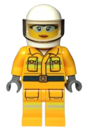 LEGO Fire - Reflective Stripes, Bright Light Orange Suit, White Helmet, Safety Glasses, Peach Lips Closed Mouth Smile minifigure