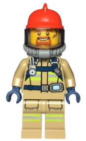 LEGO Fire - Reflective Stripes, Dark Tan Suit, Red Fire Helmet, Open Mouth with Goatee, Breathing Neck Gear with Blue Air Tanks minifigure