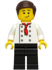 LEGO Burger Chef - White Torso with 8 Buttons, No Wrinkles Front or Back, Black Legs, Dark Brown Hair minifigure