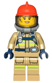 LEGO Fire - Reflective Stripes, Dark Tan Suit, Red Fire Helmet, Open Mouth with Peach Lips and Dirty Face, Breathing Neck Gear with Blue Air Tanks minifigure