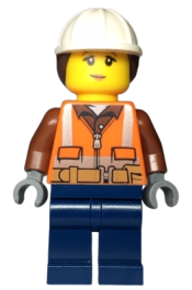 LEGO Construction Worker - Female, Orange Safety Vest, Reflective Stripes, Reddish Brown Shirt, Dark Blue Legs, White Construction Helmet with Dark Brown Hair, Peach Lips minifigure