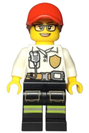 LEGO Fire - Female White Shirt with Fire Logo Badge and Belt, Reflective Stripes on Black Legs, Red Cap with Ponytail minifigure