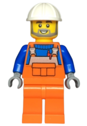 LEGO Construction Worker - Male, Orange Overalls with Reflective Stripe and Buckles over Blue Shirt, Orange Legs, White Construction Helmet minifigure