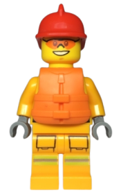 LEGO Fire - Reflective Stripes, Bright Light Orange Suit, Life Jacket, Red Fire Helmet minifigure