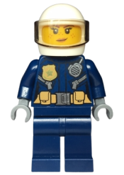 LEGO Police - City Helicopter Pilot Female, Gold Badge and Utility Belt, Dark Blue Legs, White Helmet, Peach Lips Crooked Smile with Freckles minifigure