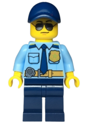 LEGO Police - City Officer Shirt with Dark Blue Tie and Gold Badge, Dark Tan Belt with Radio, Dark Blue Legs, Dark Blue Cap, Sunglasses minifigure