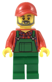 LEGO Farmer - Red Cap and Flannel Shirt, Dark Bluish Gray Beard, Green Overalls minifigure