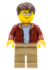 LEGO Man, Dark Red Jacket with Bright Light Blue Shirt, Dark Tan Legs, Dark Brown Short Tousled Hair, Sunglasses (Truck Driver) minifigure