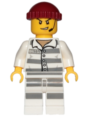 LEGO Sky Police - Jail Prisoner 86753 Prison Stripes, Scowl with Open Mouth and Headset, Dark Red Knit Cap minifigure