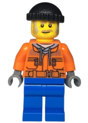 LEGO Snow Groomer Operator - Male, Orange Safety Jacket, Reflective Stripe, Sand Blue Hoodie, Blue Legs, Black Knit Cap, Moustache and Sideburns minifigure