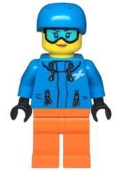 LEGO Skier Female, Dark Azure Jacket and Helmet, Goggles with Peach Lips minifigure