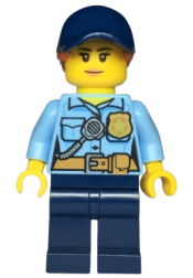 LEGO Police - City Officer Female, Bright Light Blue Shirt with Badge and Radio, Dark Blue Legs, Dark Blue Cap with Dark Orange Ponytail minifigure