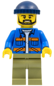 LEGO Dock Worker, Male, Blue Jacket with Diagonal Lower Pockets and Orange Stripes, Olive Green Legs, Dark Blue Knit Cap minifigure