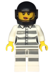 LEGO Sky Police - Jail Prisoner 50382 Prison Stripes, Female, Scowl with Red Lips and Open Mouth, Black Helmet minifigure