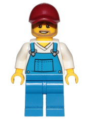 LEGO Overalls Blue over V-Neck Shirt, Blue Legs, Dark Red Cap, Dark Tan Angular Beard minifigure