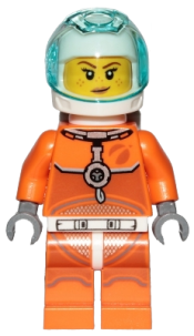 LEGO Astronaut - Female, Orange Spacesuit with Dark Bluish Gray Lines, Trans Light Blue Large Visor, Freckles with Smirk and Winking minifigure