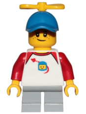 LEGO Boy, Freckles, Classic Space Shirt with Red Sleeves, Light Bluish Gray Short Legs, Blue Cap with Tiny Yellow Propeller minifigure