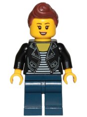 LEGO Teenage Girl, Black Jacket and White Shirt with Black Stripes, Dark Blue Legs, Reddish Brown Hair Female Ponytail and Fringe minifigure