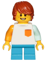 LEGO Boy, Freckles, White Shirt with Orange Pocket, Dark Azure Short Legs, Dark Orange Hair Tousled with Side Part minifigure