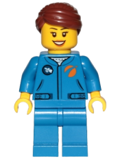 LEGO Astronaut - Female, Blue Jumpsuit, Reddish Brown Hair Swept Back Into Bun, Open Mouth Smile minifigure