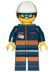 LEGO Rocket Engineer - Female, Dark Blue Jumpsuit, White  Construction Helmet with Dark Brown Ponytail Hair, Light Blue Goggles and Face Covered with Dirt minifigure