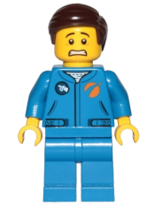 LEGO Astronaut - Male, Blue Jumpsuit, Dark Brown Hair Short Combed Sideways Part Left, Scared and Lopsided Smile minifigure