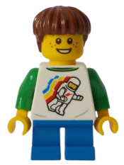LEGO Boy, Classic Space Shirt with Minifigure Floating and Back Print, Blue Short Legs, Reddish Brown Hair minifigure