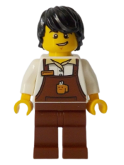 LEGO Barista - Male, Reddish Brown Apron with Cup and Name Tag, Black Hair minifigure