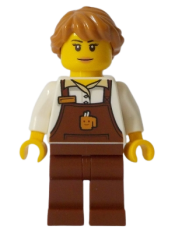 LEGO Barista - Female, Reddish Brown Apron with Cup and Name Tag, Medium Nougat Hair minifigure