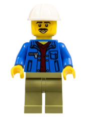 LEGO Truck Driver - Blue Jacket over Dark Red V-Neck Sweater, Olive Green Legs, White Construction Helmet minifigure