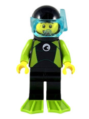 LEGO Diver - Male, Black Wetsuit with White Logo and Lime Trim and Flippers minifigure