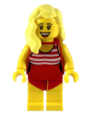 LEGO Swimmer - Female, Red Swimsuit with White Stripes, Bright Light Yellow Hair minifigure