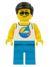 LEGO Beach Tourist - Male, White Tank Top with Dark Azure Sailboat, Dark Azure Legs, Black Hair minifigure