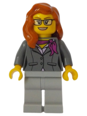 LEGO Scientist - Female, Dark Bluish Gray Jacket with Magenta Scarf, Dark Orange Female Hair over Shoulder, Glasses minifigure