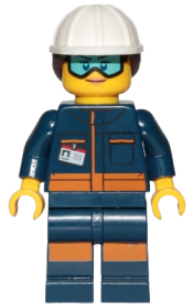 LEGO Ground Crew Technician - Female, Dark Blue Jumpsuit, White Construction Helmet with Dark Brown Ponytail Hair, Light Blue Goggles minifigure