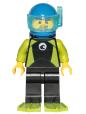 LEGO Diver - Male, Black Wetsuit with White Logo and Lime Trim and Flippers, Blue Helmet and Air Tanks minifigure